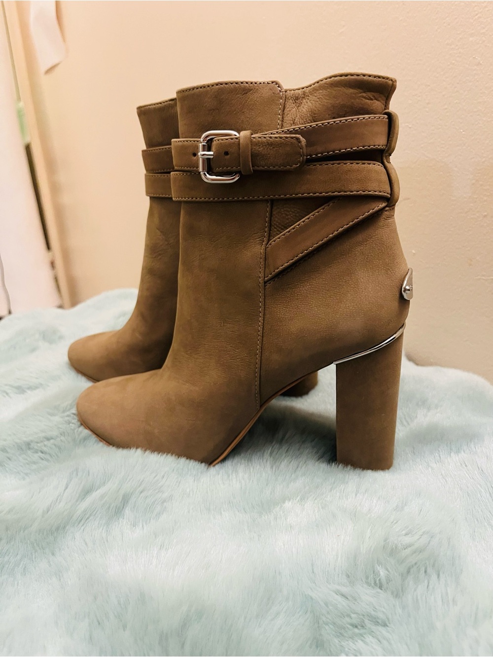 Coach Taupe genuine leather Block Heel Ankle Boots 3 in. Heel height